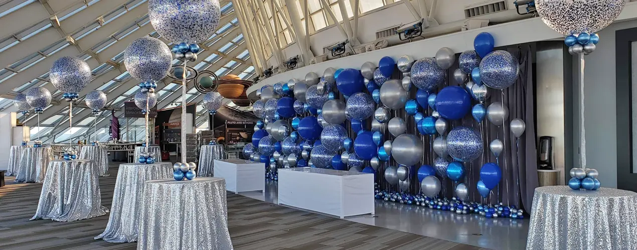 Blue Glitter Balloon centerpieces and Balloon Backdrop