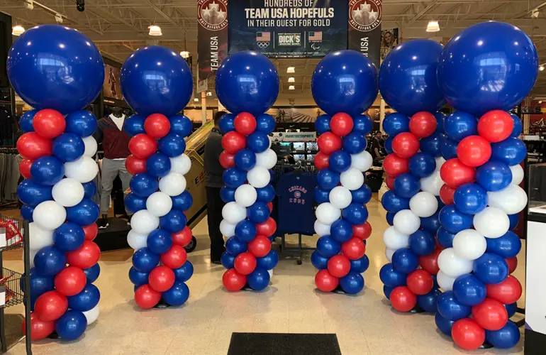 Indoor balloon columns for Dick's Sporting Goods store event
