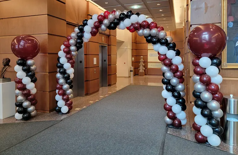 Classic balloon arch and columns for University of Chicago