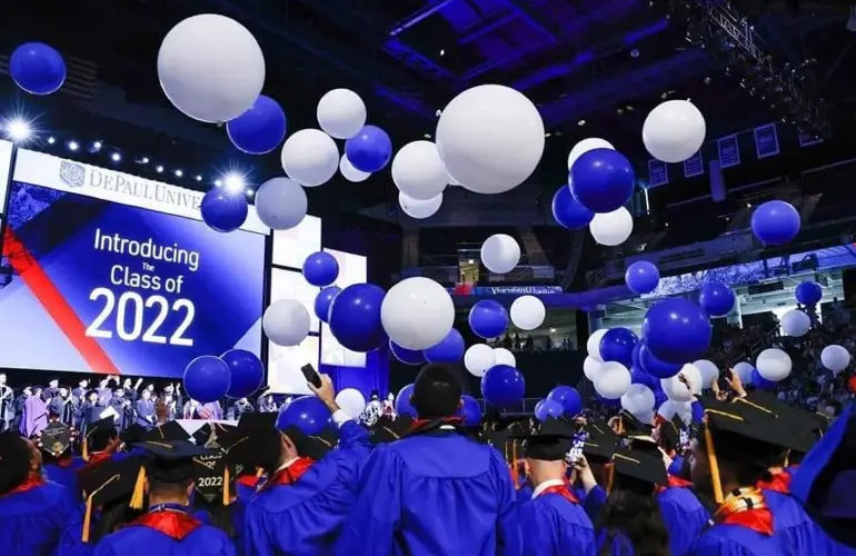 Jumbo balloon drop in action at DePaul University's Class of 2022 graduation ceremony