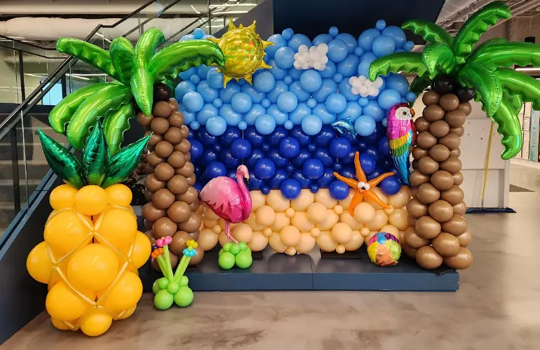 Tropical themed balloon photo backdrop