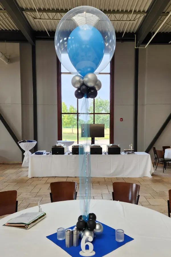 Helium balloon centerpiece with a balloon inside of a clear balloon