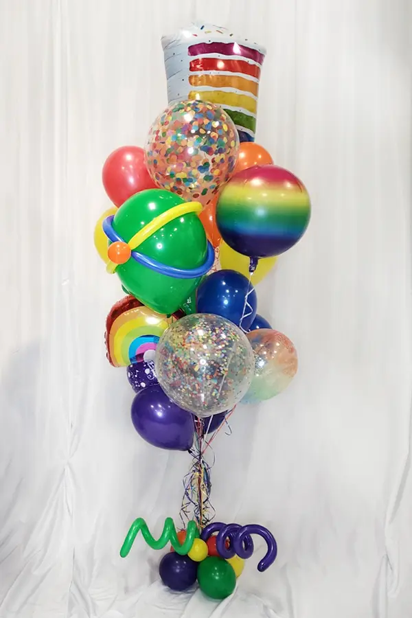 A whimsical balloon bouquet with multiple balloon types and styles to match your favorite colors or party theme