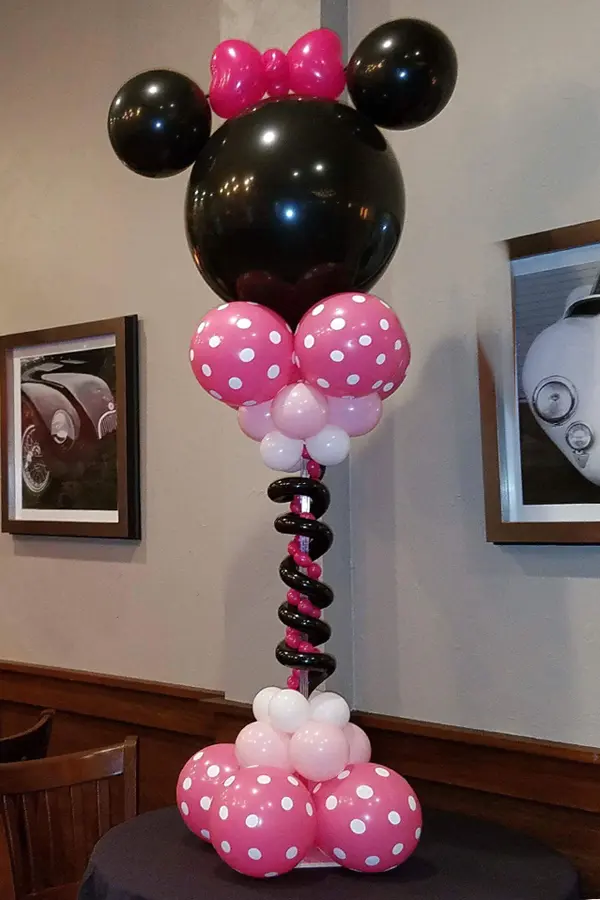 Balloon centerpiece created to look like the head of Mickey or Minnie Mouse 