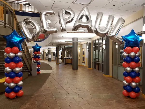 DePaul balloon letter arch with columns