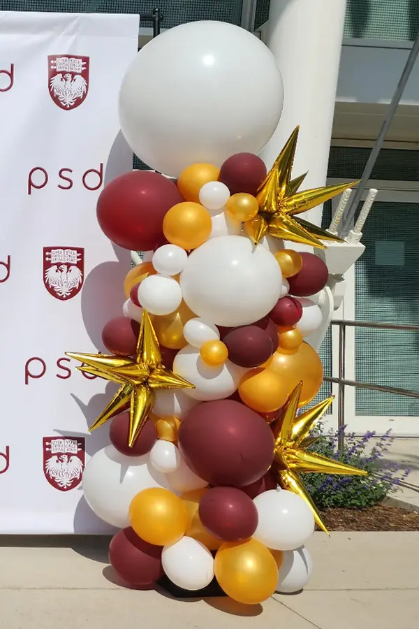 Trendy alternative to a classic balloon columns using various balloon sizes accented with foil starpoints