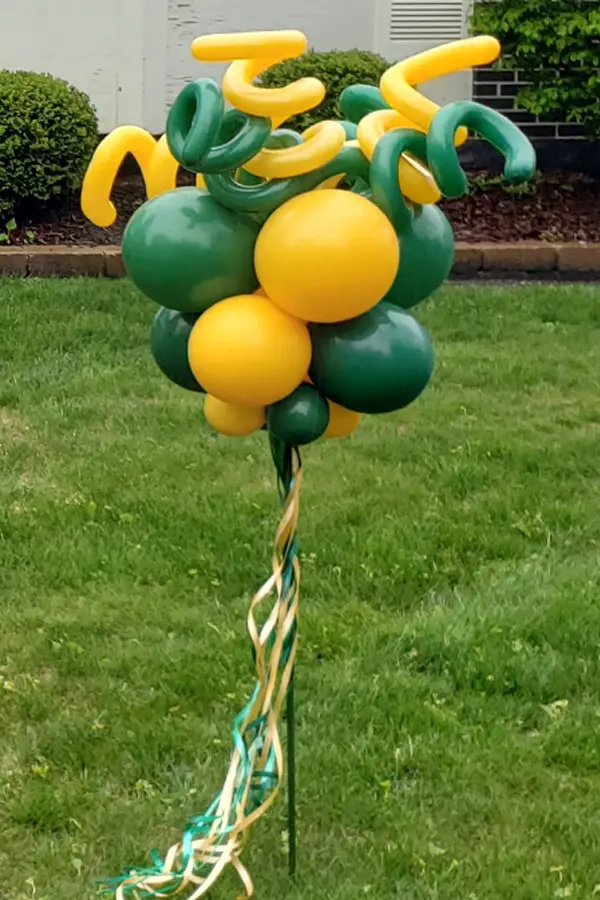 Simple yard balloon decoration with curly squiggle looking top
