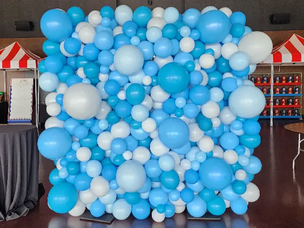 Organic balloon wall in blues and white