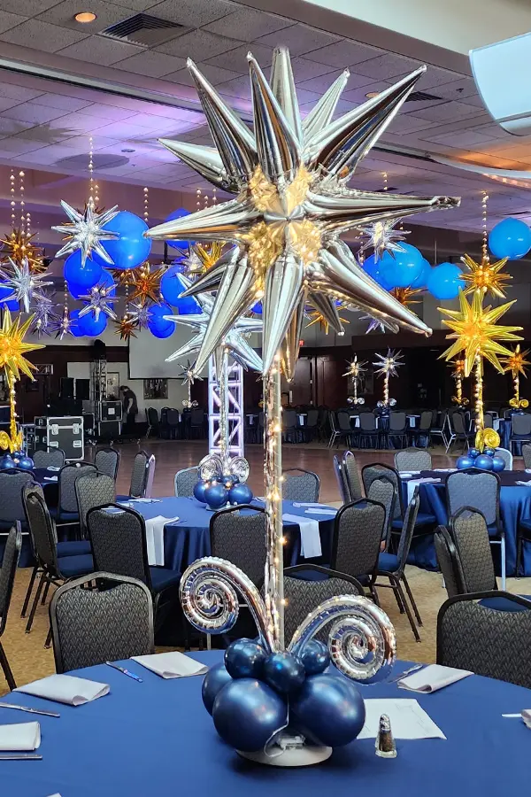 Foil Starburst balloon centerpiece with LED's wrapped in