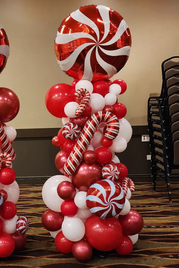 7.5ft candy cane themed organic balloon column
