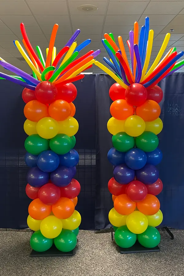 7.5ft tall classic balloon column in rainbow colors for pride month