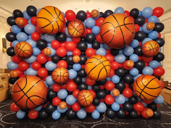8ftx10ft classic balloon wall with foil sports ball accents