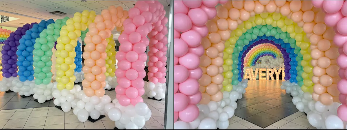 A tunnel of 6 balloon arches each 8ftx8ft