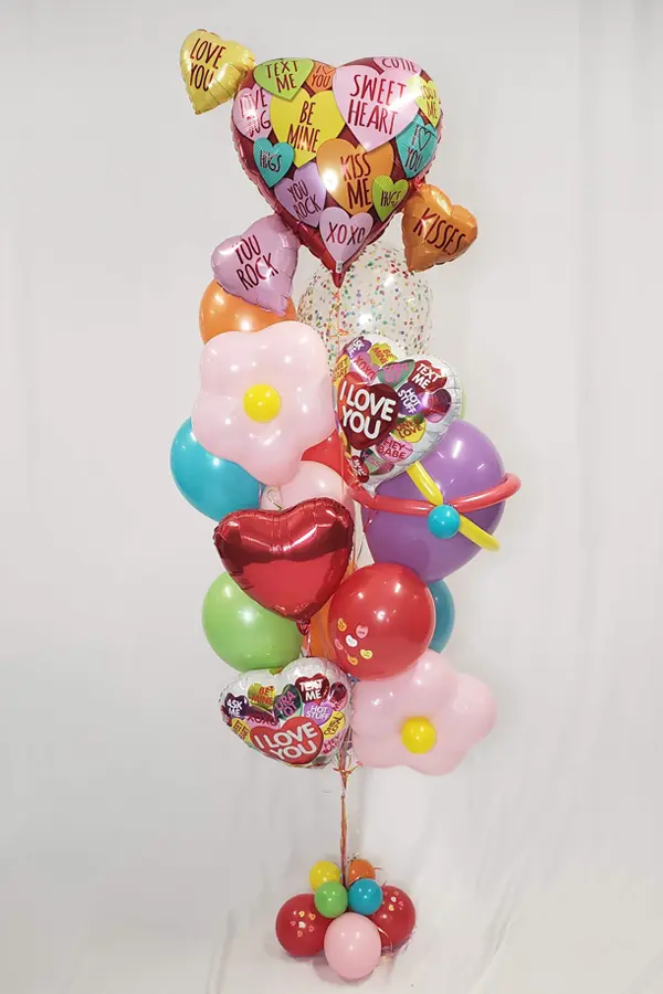 Candy heart inspired balloon bouquet for Valentine's Day