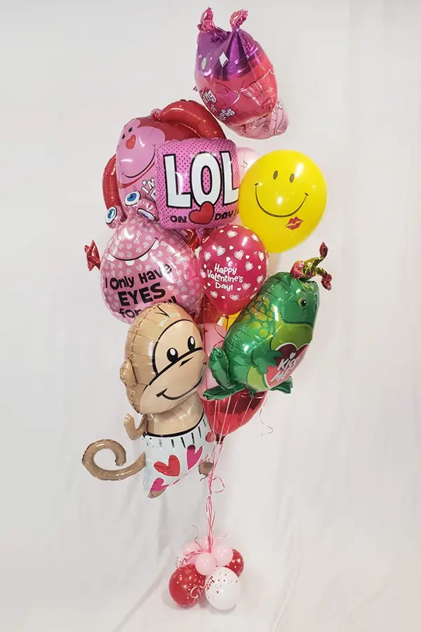 A unique balloon bouquet of mixed funny Valentine's Day foil balloons