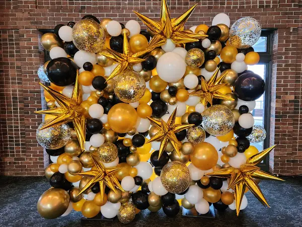 8ftx8ft deluxe organic balloon wall in gold, white, and black