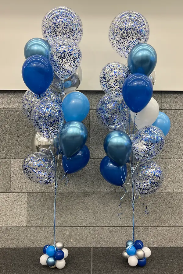 Deluxe mixed balloon bouquet in blues, white, and silver with glitter